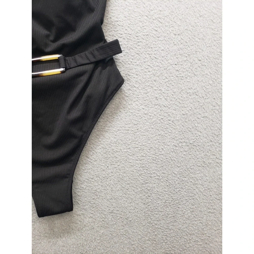 H&M Women Swimsuit S Black Belted Waist Gold Buckle Square Neck Summer Beach
